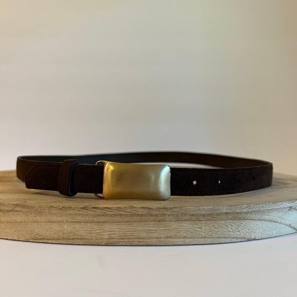 Vintage 90s Brown Vegan Leather Golden Buckle Belt Size Small - Medium - Picture 1 of 8